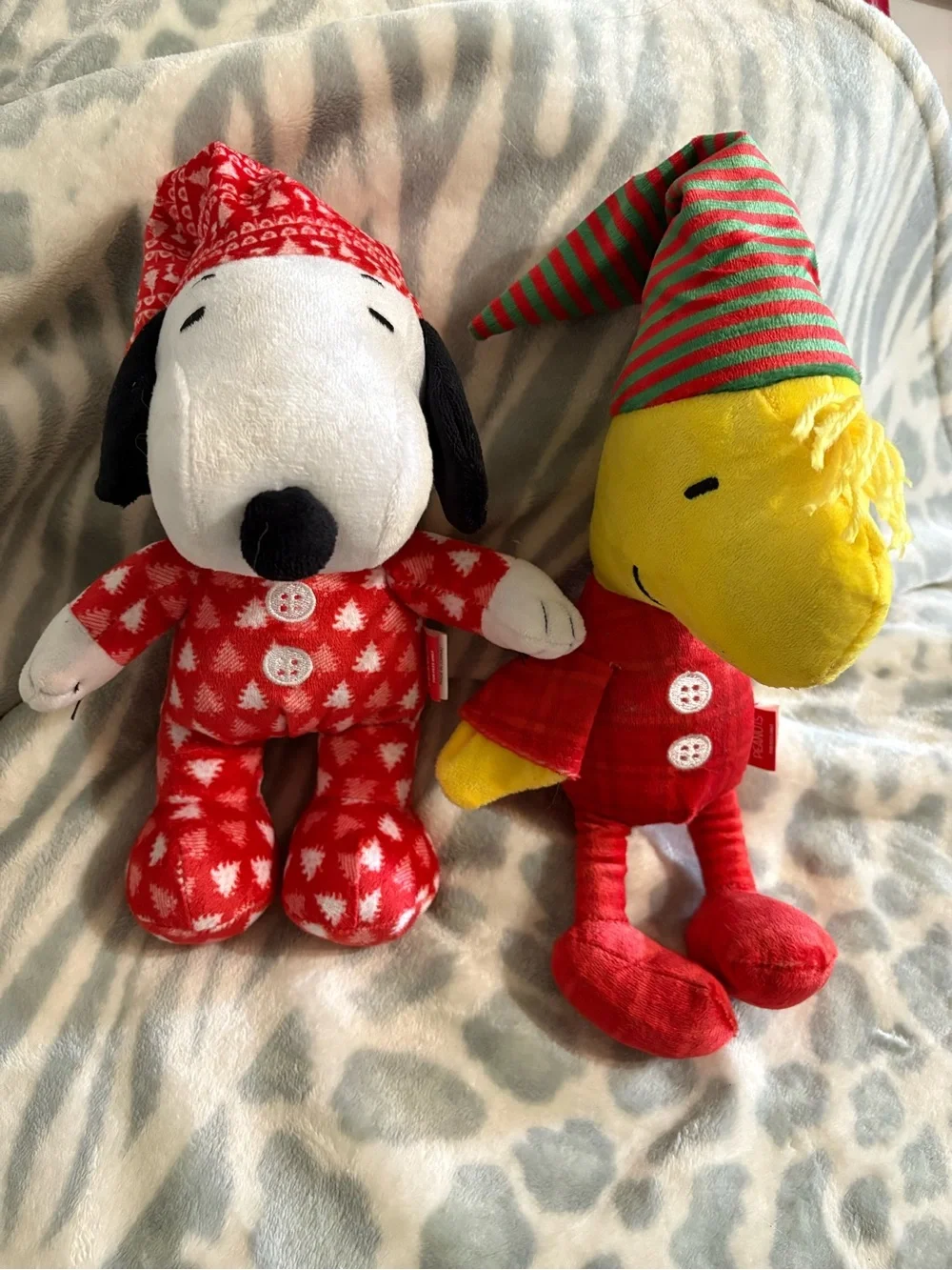 Peanuts Snoopy and Woodstock Plush in Red Pajamas and Nightcap Dog Toys
